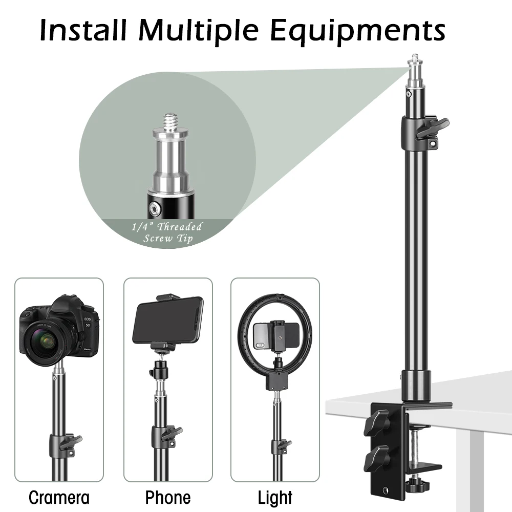 Desk Mount Stand Adjustable Table Side Clip On Light Stand With 1/4 Screw Ball Head for DSLR Camera Ring Light Video Light