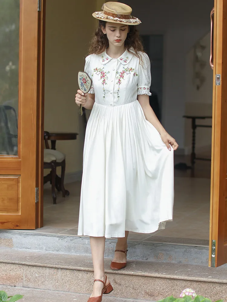 White Dress Spring Summer Women Vintage Elegant Slim Cross Stitch Embroidery Pleated Cotton Midi Dresses Woman Korean Dress