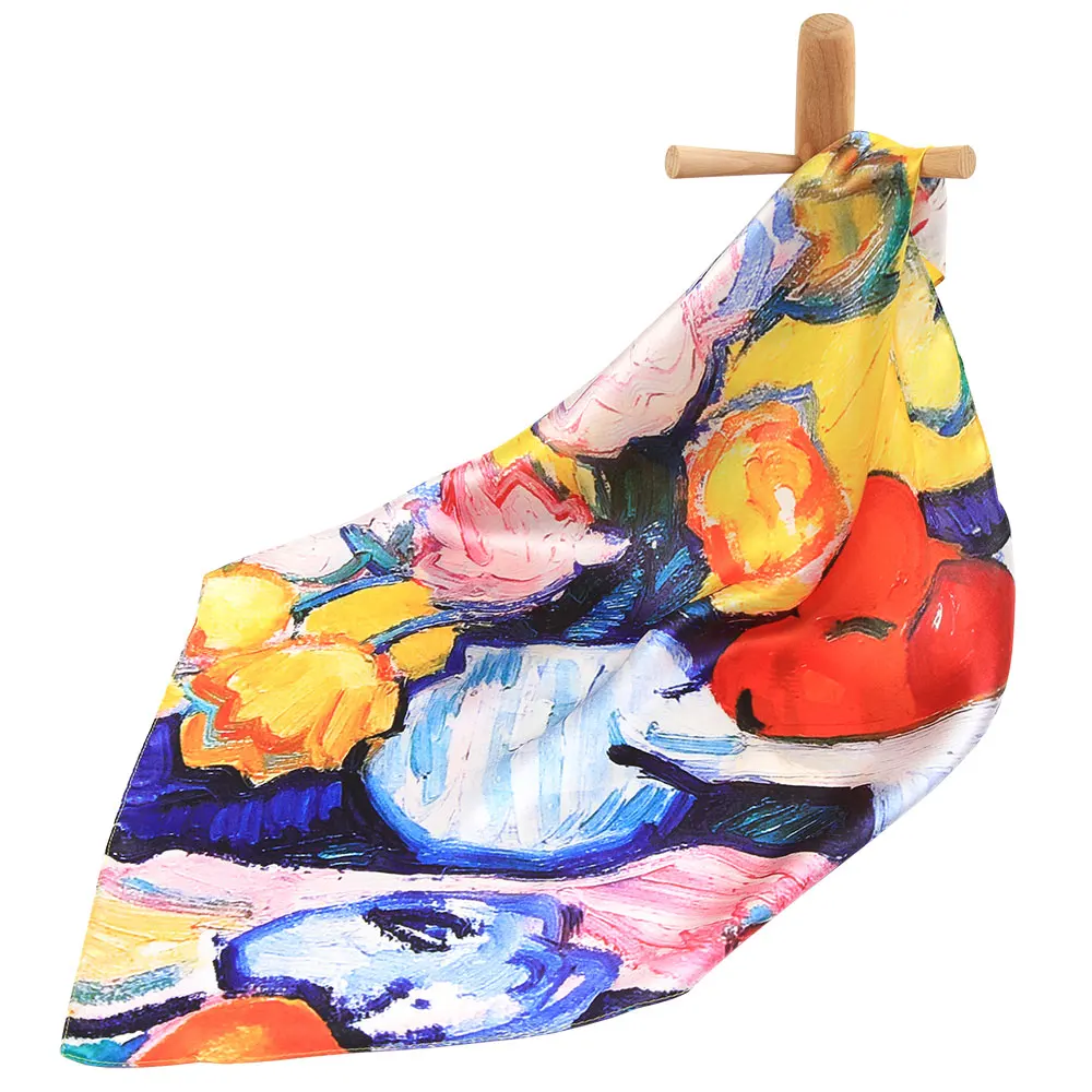 Pure Silk Scarf Women Bandana Female Handkerchief Flower Fruit Oil Painting Hair Scarf Top Women's Natural Silk Square Headband