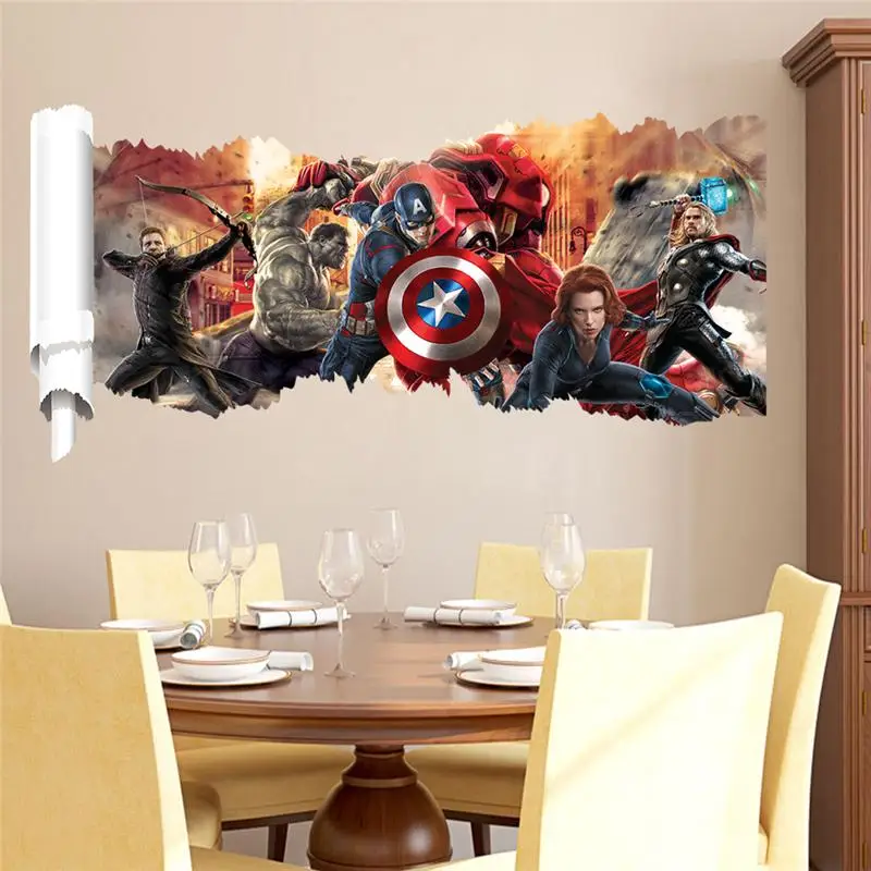 Captain America The Avengers Naklejki ścienne do pokoju dziecięcego Dekoracja domu Diy 3d Broken Hole Mural Art Super Heros Naklejki ścienne