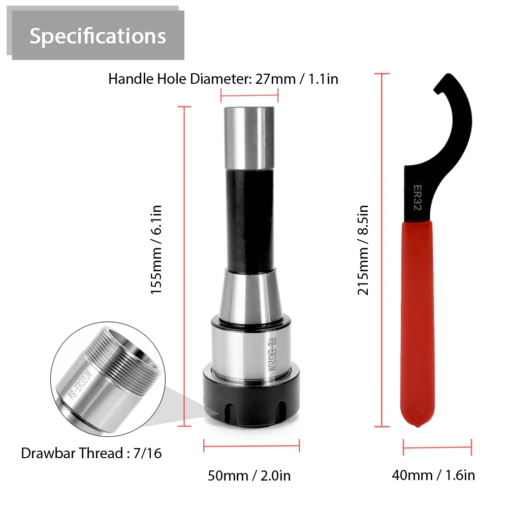 R8-ER32 (7-16)Imperial Milling Tool Holder + ER32 6PCS SInch Spring Collet + 1PCS Wrench Set untuk CNC Milling bubut alat