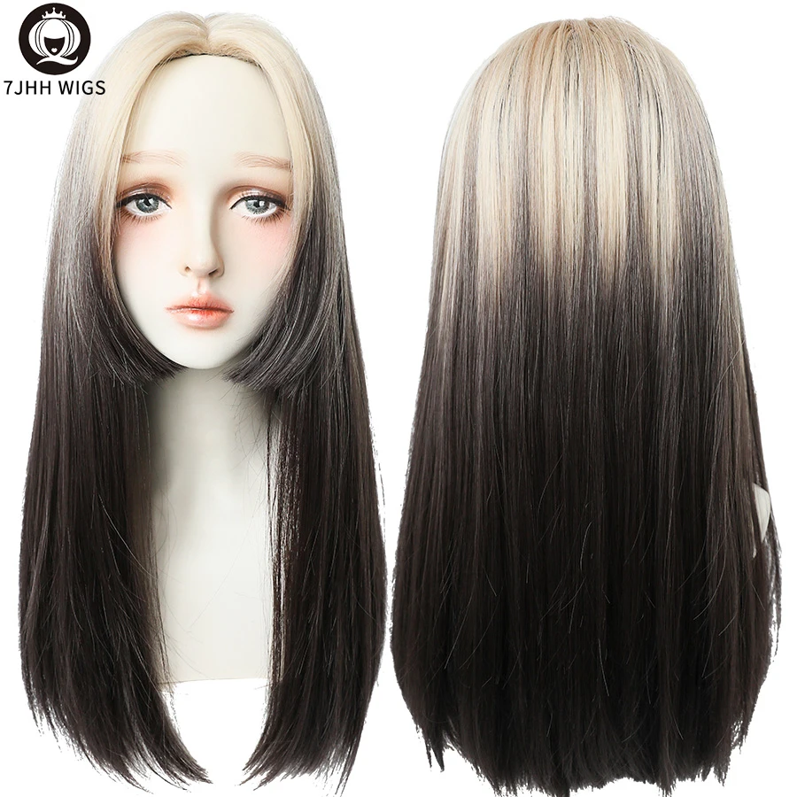 7JHH WIGS Omber Black White Long Synthetic Mid-Point Bangs Four Seasons Daily Wear Heat-Resistant Wigs For Women Hair Wholesale