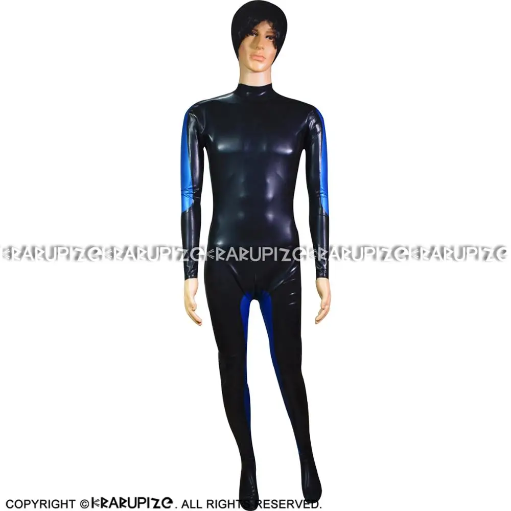 Black And Blue Trims Sexy Latex Catsuit With Feet Socks Back To Front Crotch Zippers Rubber Bodysuit Zentai Overall LTY-0233