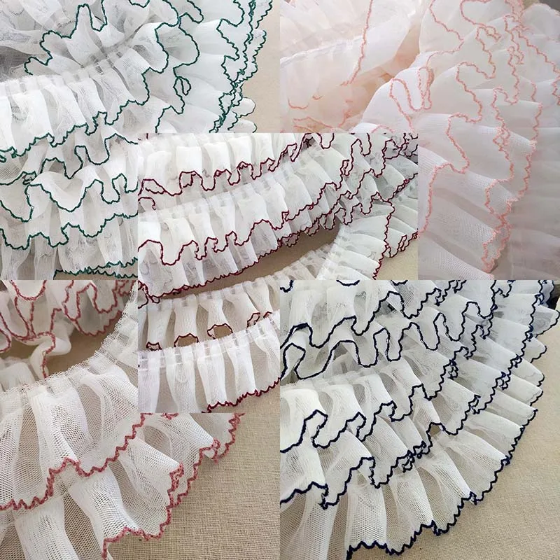 10meters Ruffled Tulle Trim Coffee Yellow Red Pleated Mesh Trim Tutu Dress Fabric 5cm Wide Doll Clothing High Quality