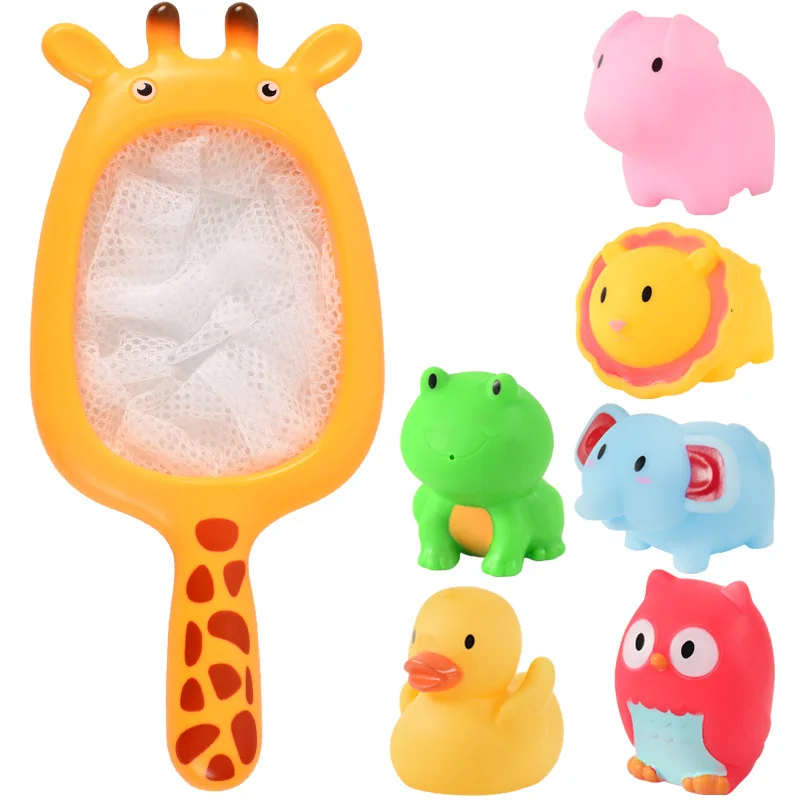 7PCS Baby Bath Toys Network Bag Pick up Duck&Fish Discolor Starfish Children Water Toys Soft Rubber Animal Water Spray Bath toys