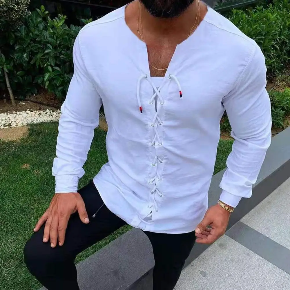 Plus size Medieval Shirt Lace-up Men  Shirts Pirate Landlord Knight Tunic Casual Shirt M-XXXL