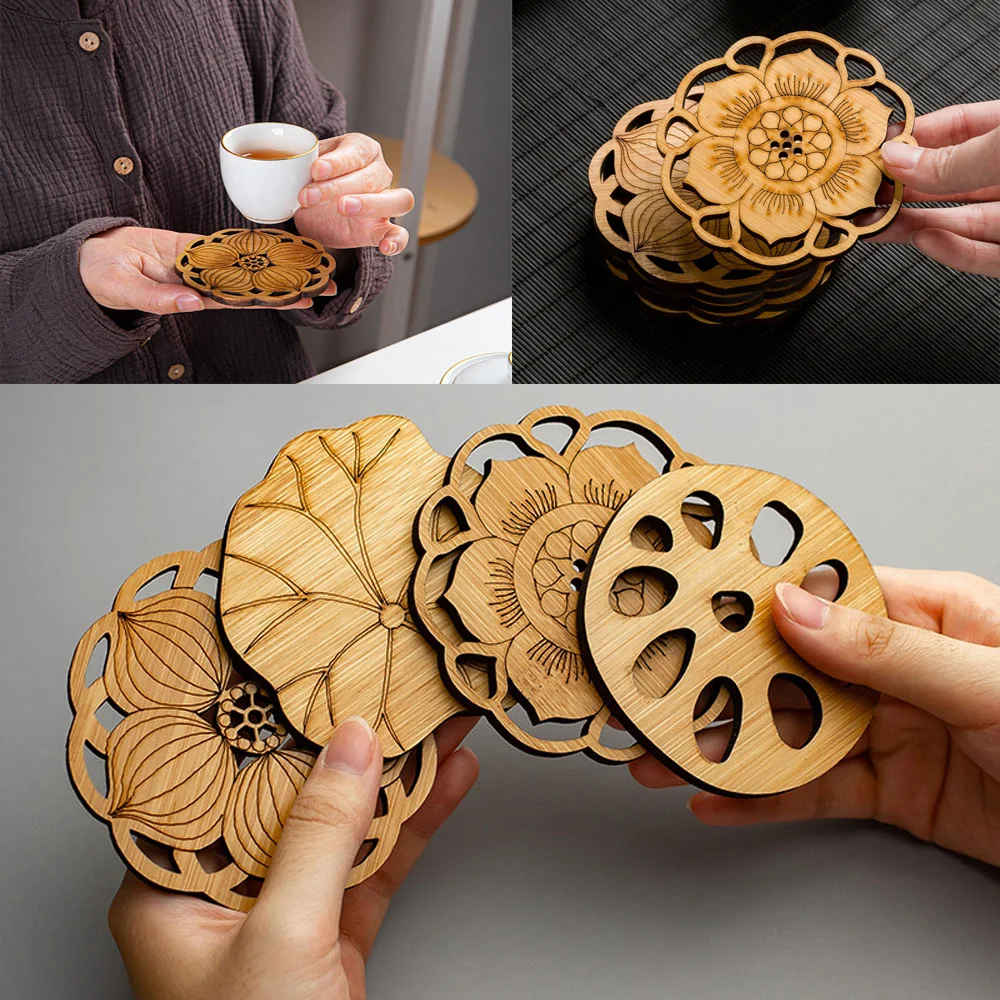 

Lotus Shape Drink Coasters, Wooden Round Cup Table Mat, Tea Coffee Mug Placemat, Home Decoration, Kitchen Accessories