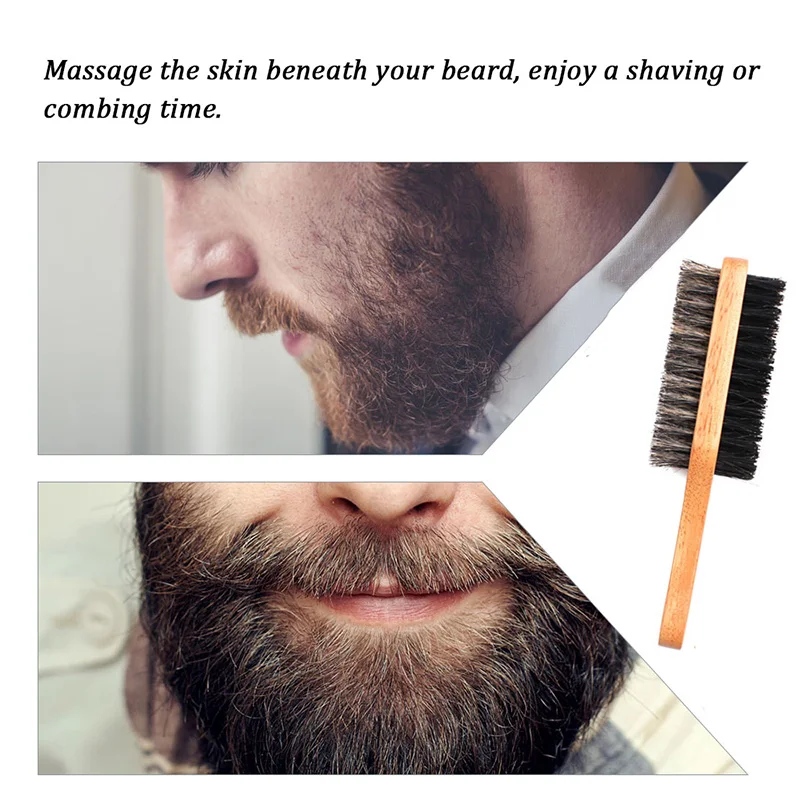 Men\'s Wood Boar Bristle Beard Brush Double-sided Facial Hair Brush Shave Comb Male Mustache Brush Solid Wood Handle Beard Barber