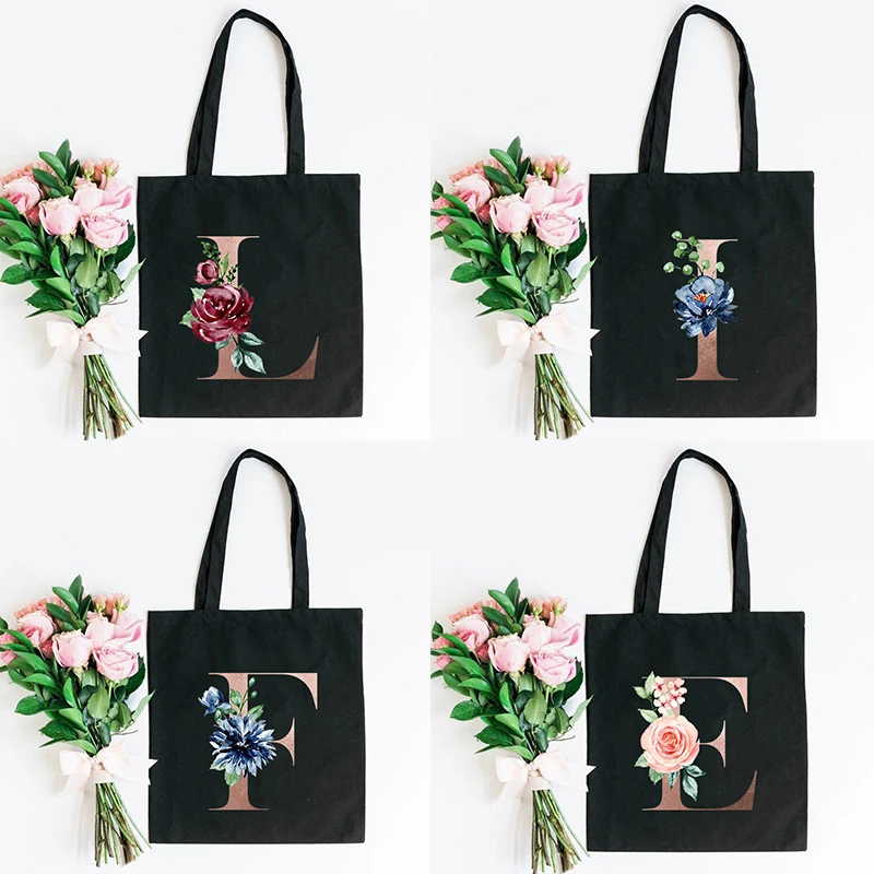 26 Alphabet Letter Canvas Tote Shoulder Bag A To Z Alphabet Combination Flowers Fabric Cotton Cloth Reusable Shopping Bags