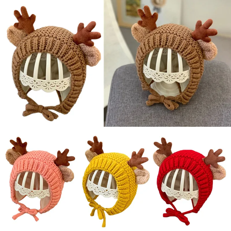 Winter Warm Crochet Knitted Baby Hat Cute Fluffy Reindeer Antlers Earflap Beanies Cap Warmer For 6-36M Boys Girls Christmas Gift