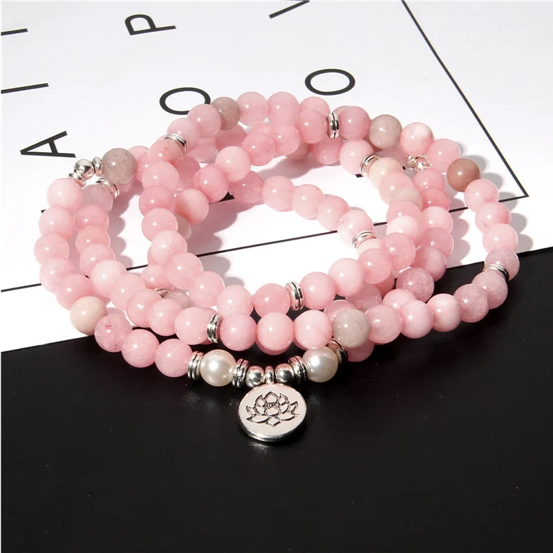 Natural Stone Bracelet Women 108 Mala Yoga Necklace Pink Chalcedony beads Bracelets for Women Fashion Meditation Jewelry 2023