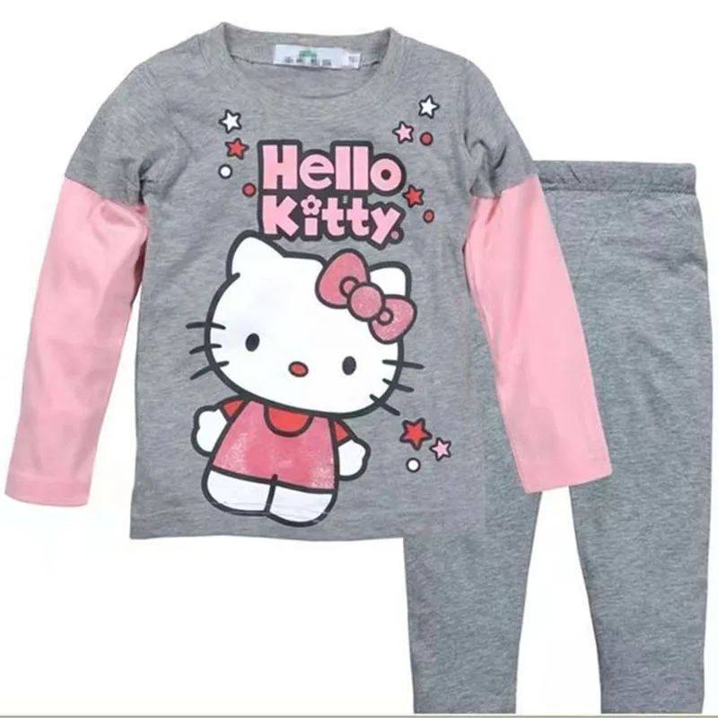 Hello Kitty Girls Spring and Autumn New Cotton Long-Sleeved Home Service Children\'s Cartoon T-shirt +Pants Pajamas Underwear Set