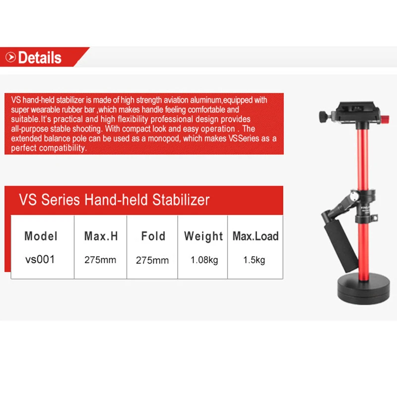 KINGJOY VS001 ręczny stabilizator wideo ze stopu aluminium do Steadycam Steadicam do aparatu Canon Nikon Sony DSLR