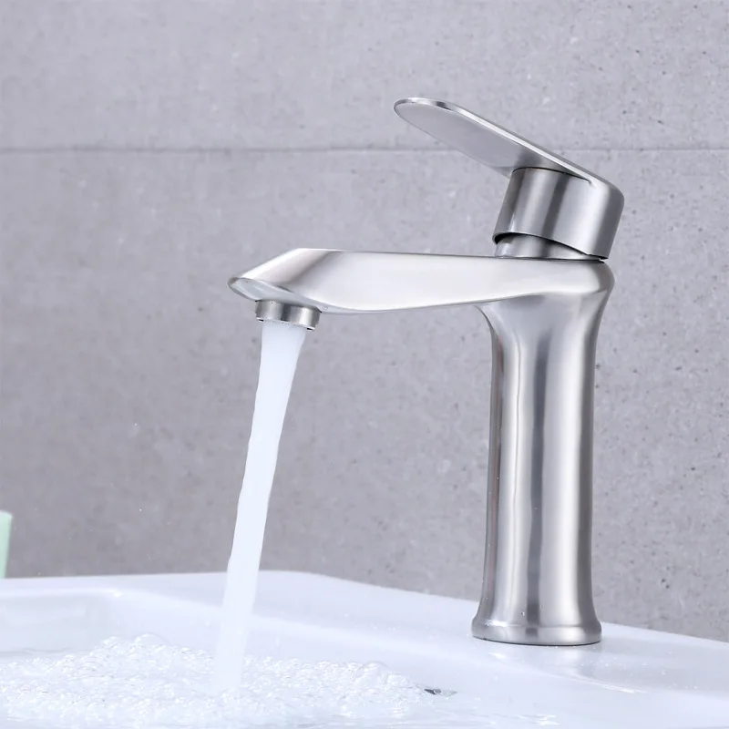 

304 Stainless Steel Brushed Basin Faucet Household Bathroom Single Hole Hot and Cold Mixed Water Washbasin Faucet Bathtub Faucet