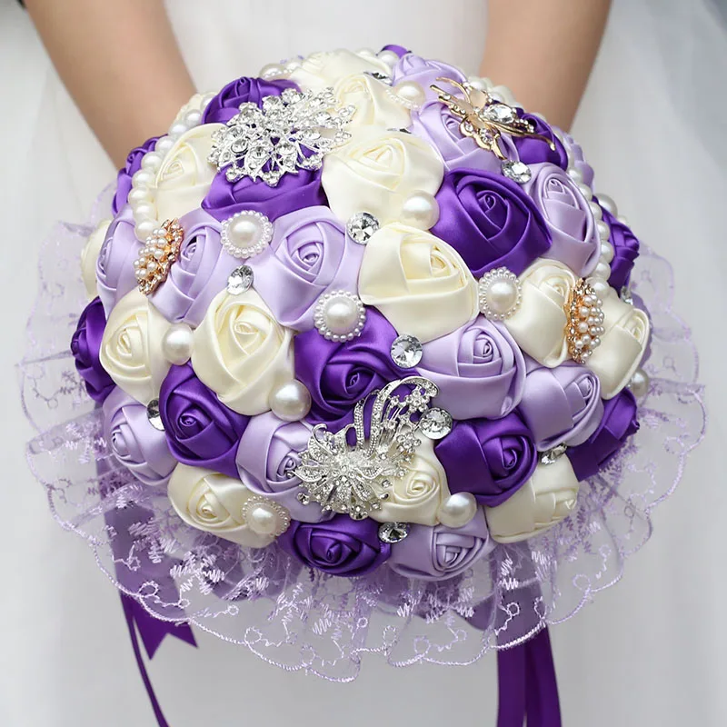 Zijde Kralen Crystal Purple Bruidsboeketten Holding Kunstmatige Rose Bloemen Stitch Paars Bruidsboeket Custom W280