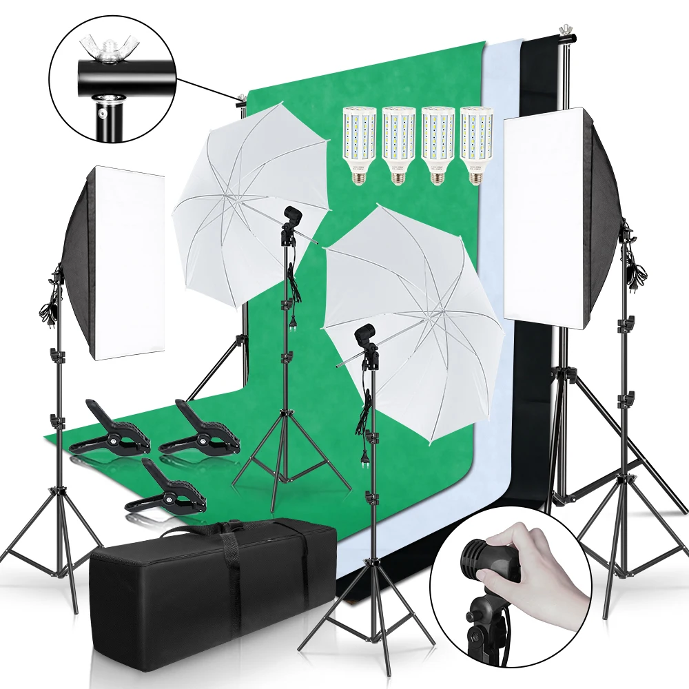 SH 2x3M Photo Studio Lighting Background Frame Kits With 3Pcs Backdrop Photography Light Softbox Reflect Umbrella Tripod Stand