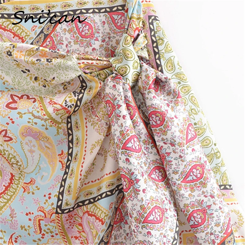 Patchwork Paisley Knots Skirt High Waist Asymmetrical Sexy Midi Faldas Mujer Boho Casual Jupe Femme Summer Za 2021 Women Skirts