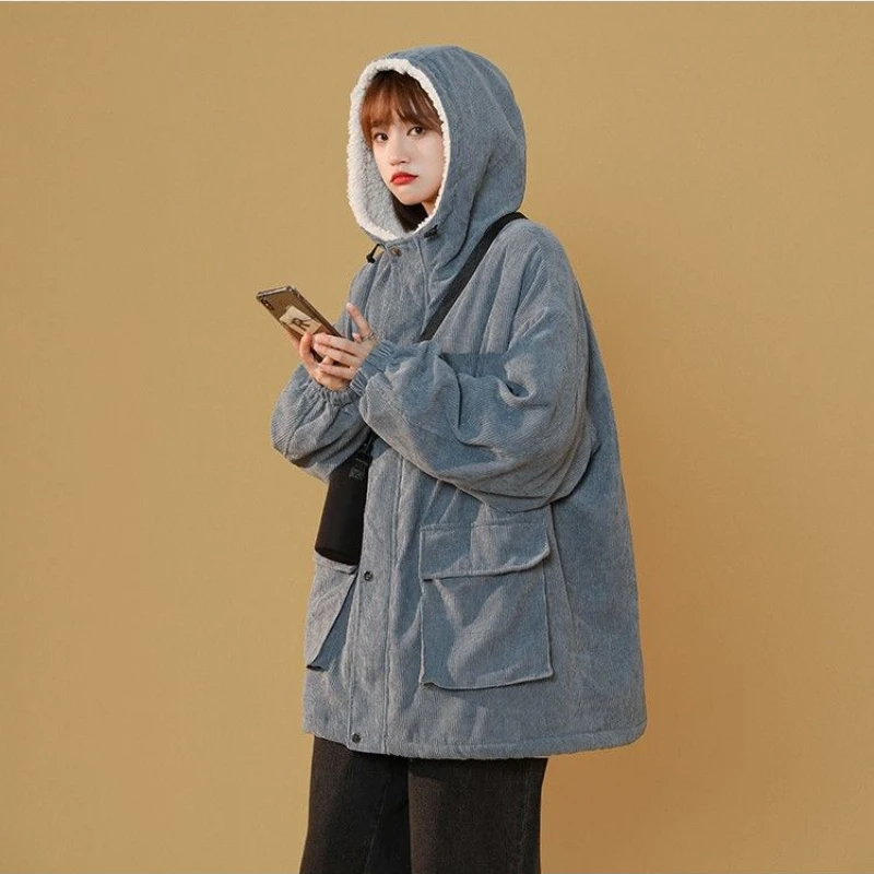 Parkas Women Hooded Corduroy Fashion Korean Style Aesthetic All Match Thicken Simple Tender Collage Winter Street Wear Loose