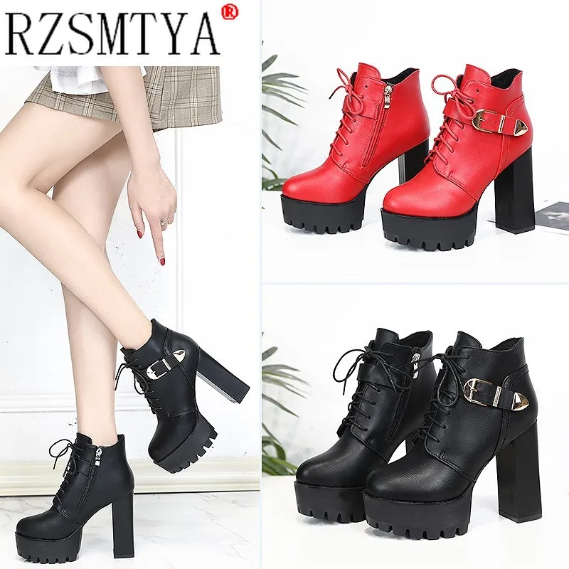 PU Leather Platform Ankle Strap Boots High Heels Women\'s Zip Spring Autumn Shoe Women Chaussures Femme Western Motorcycle Boots