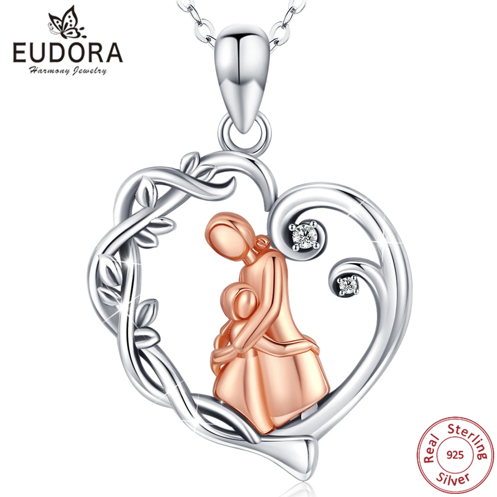 EUDORA New 925 Sterling Silver Mom and child hug a heart pendant  Necklaces for Mother Baby Birthday gifts Fine Jewelry GIft