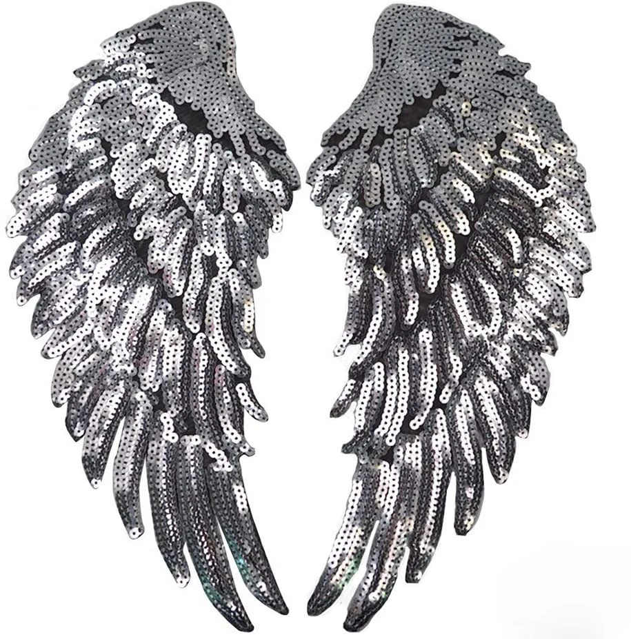 Wings Sequins Patches Silver Applique Wing Applique Iron On Wings Patches for Clothes Jackets Jeans Dress Hat DIY