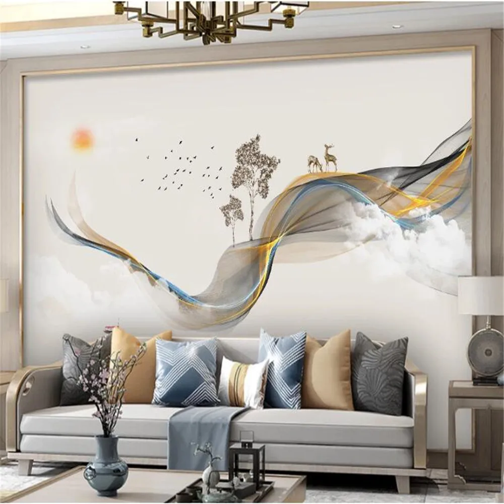 

Milofi custom 3d large mural wallpaper new Chinese hand-painted abstract lines ink landscape elk photo background wall decoratio