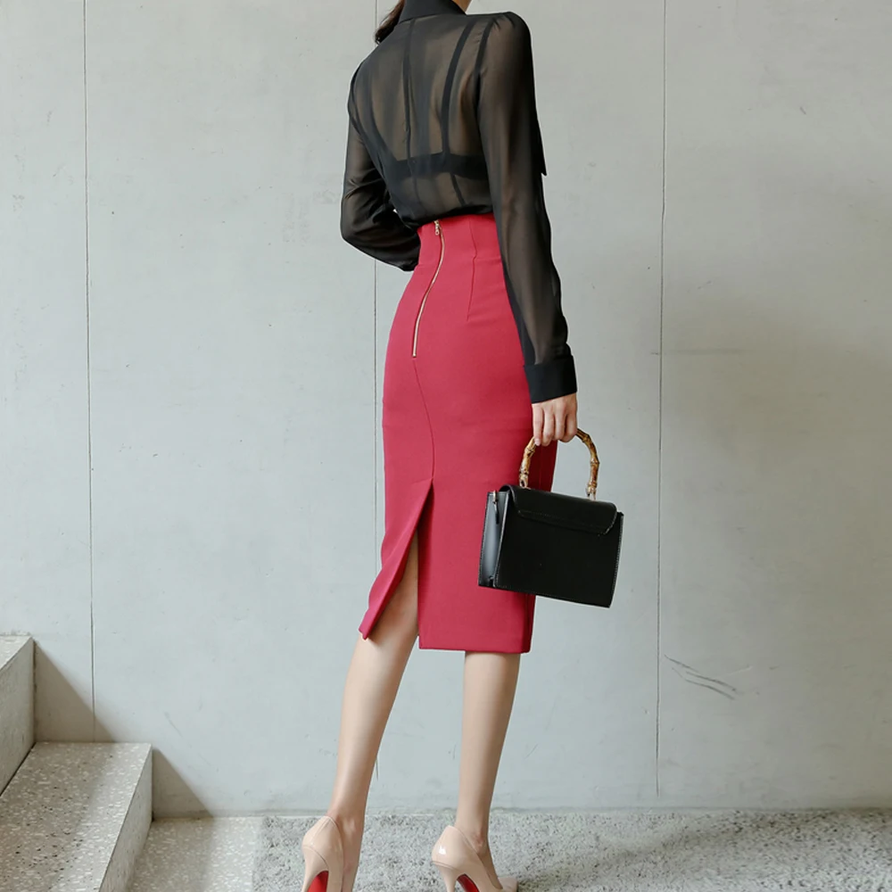 Women Elegant Sexy Korean Style Suit Sets See-through Chiffon Shirt And Package Hip Pencil Skirt High Waist Midi Skirts Jupe