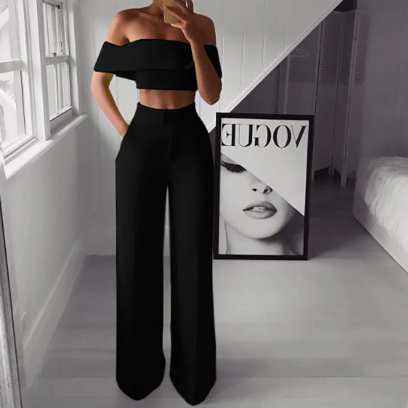 Summer Solid Women Casual Wide Leg Pants Suit Sexy Short Tops And High Waist Two Piece Sets Femme Slim Fit Streetwear Outfits