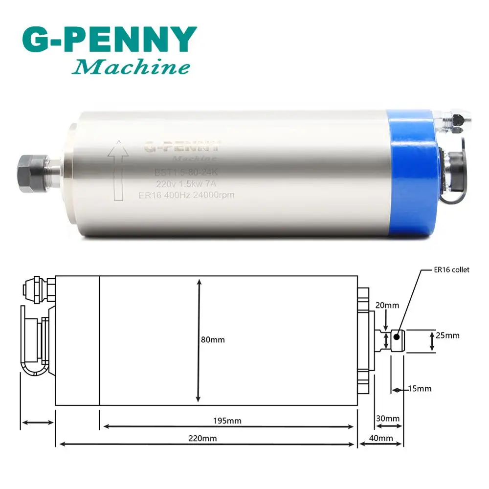 220v 1.5kw ER16 Water Cooling Spindle Motor Kit 80x220mm Lengthening Type &1.5kw VFD / Inverter & 80mm Spindle Clamping Bracket