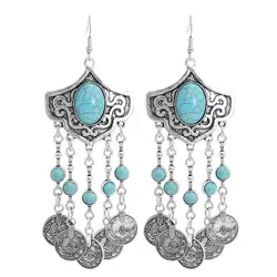 Big Turkish Coin Long Tassel Drop Earrings for Women Boho Ethnic Green Black Stone Statement Tribal Party Jewelry Gift