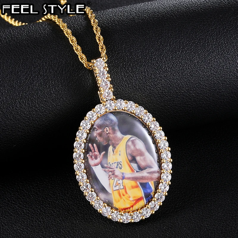 

Hip Hop Big Oval Custom Photo Medallions Iced Bling AAA Cubic Zirconia Personalized Necklace &Pendant For Men Jewelry Solid Back