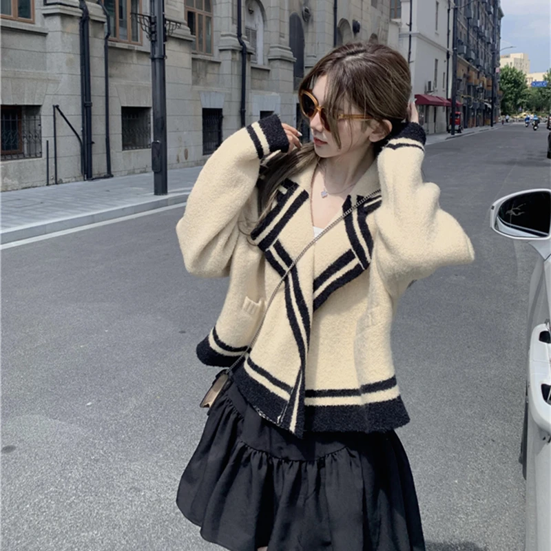 College style Suit Collar Casual Sweater Cardigan Coat Women Autumn Winter Lazy Style Korean Retro Loose Knitted Cardigan