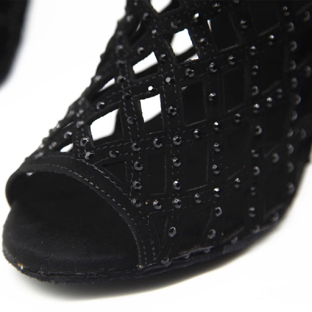 DIY Party Dance Shoes Tango Ballroom Ladies Latin Dance Shoes Black Suede Rhinestones 7.3cm Heel Dancing Sandals Boots Shoes