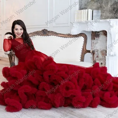 Sexy Red Frauen Sheer Sehen Durch Lange Tüll Kleider Puffy Rüschen Röcke Langen Ärmeln Kleid Für Frauen Party Kleid vestidos