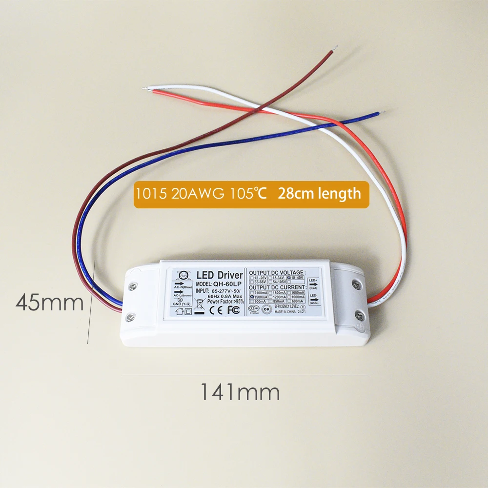 85-277V 50W High Power Driver Constant Current 1015 20AWG 30cm LED Transformer 18V-39V 36-65V 60-96V for Comercial Lighting