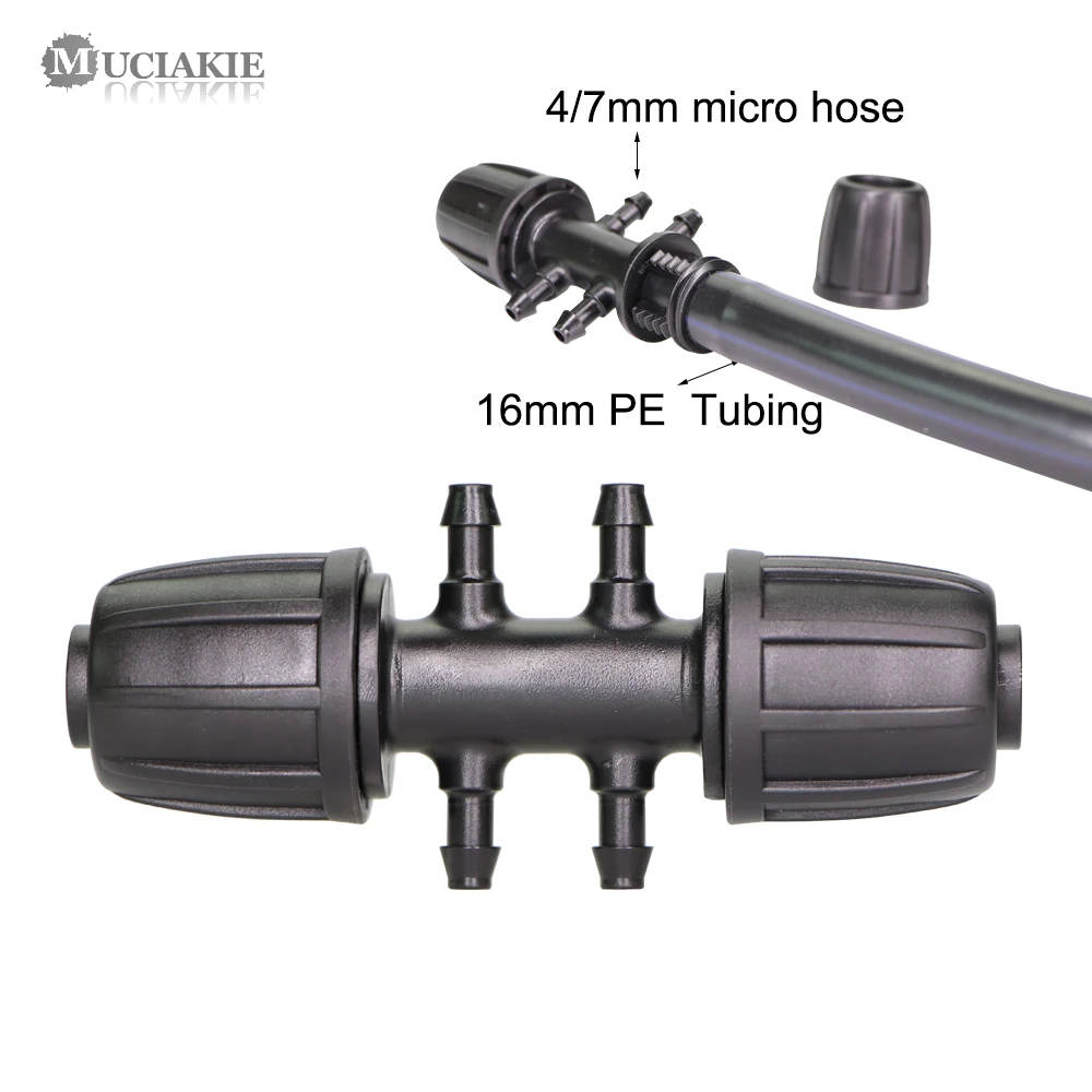 MUCIAKIE 16mm to 4/7mm Tubing Connector Garden Irrigation Water Adapter 6-Ways PE Tubing to 1/4'' Micro Hose Connector Joints