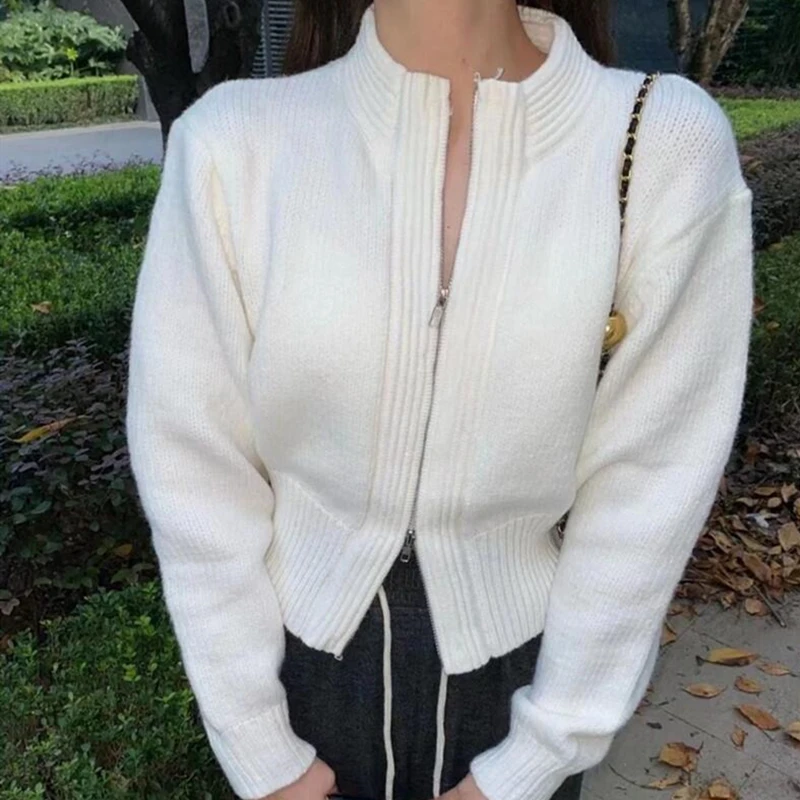 2022 Autumn Winter New Vintage Knitted Double Zipper Short Cardigan Half High Neck Fashion All-Match Korean Women's Sweater Tops
