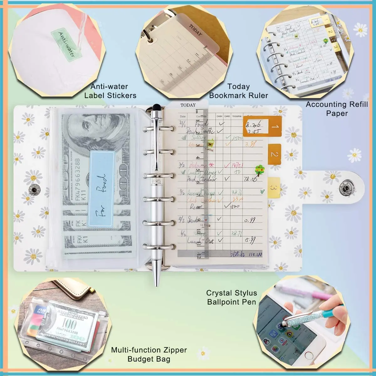 A7 Transparent Daisy Binder 5.39x4.33" Daily Planner Notebook with Pouch Bags, Bookmark Ruler , Refill Paper, Label Sticker