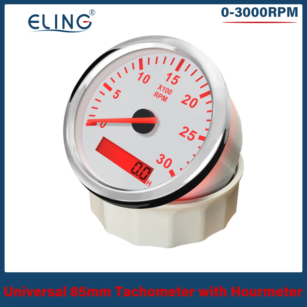 

ELING Universal 3-8K RPM Tachometer REV Counter Tacho Gauge with Hour Meter 85mm Gasoline Diesel 12V 24V Red Backlight