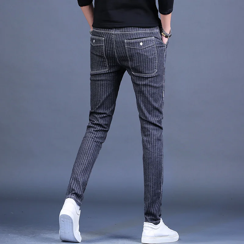 Autumn New Men's Fashion Striped Jeans Stretch Slim Fit Pencil Pants Korean Style Dark Gray Denim Trousers