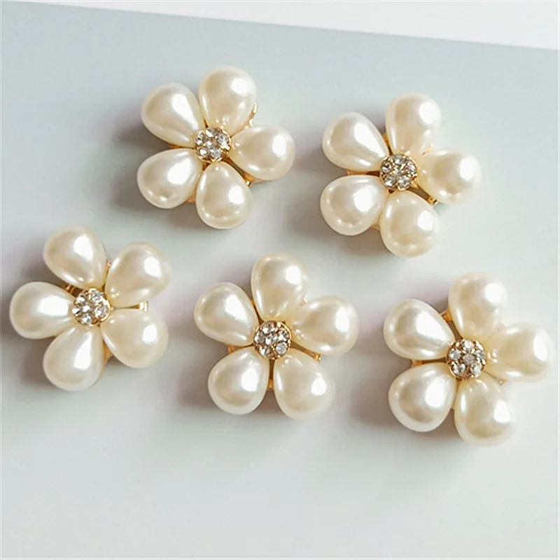 10pcs/lot 24mm*24mm Christmas Rhinestone Pearls Flower Buttons for Wedding Decoration Metal Brooch Hair Bow DIY Jewelry Craft