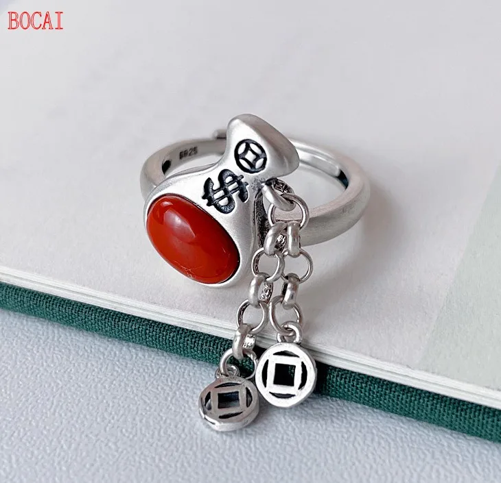 The new S925 sterling silver ring retro opening distressed personality temperament southern red agate coin purse lady open ring