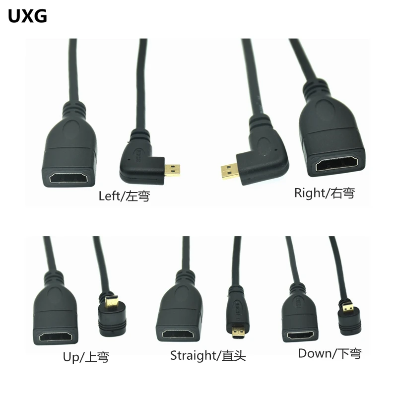 

90 Degree Left/Right/Up/Down Angled Micro HD Male To HDTV Type D Female Adapter HDMI-compatible Cable Convertor 1080P