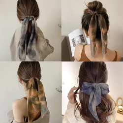 New Chiffon Tie dye Print Long Hair Ribbon Scrunchies Elastic Hair Bands Women Girls Bow Ponytail Holder Hair Ties Accessories
