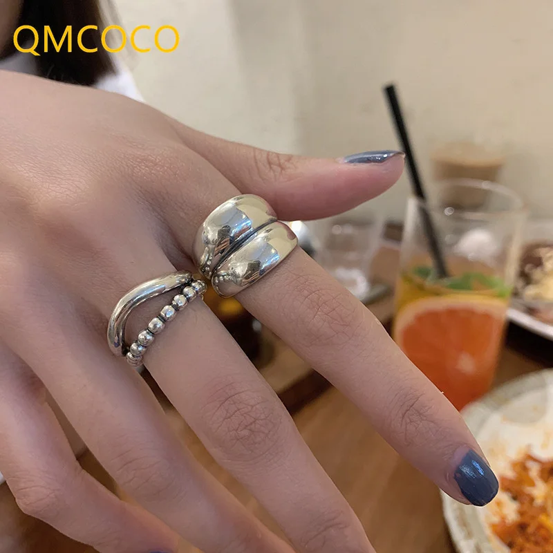 QMCOCO SilverColor Punk Hip-Hop Double-Deck Rings Women New Fashion Vintage Wave Geometric Handmade Birthday Party Jewelry Gifts