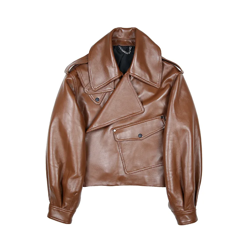 2021 New Arrival Women Genuine Leather Motorcycle Jacket Women Loose Leather Coat