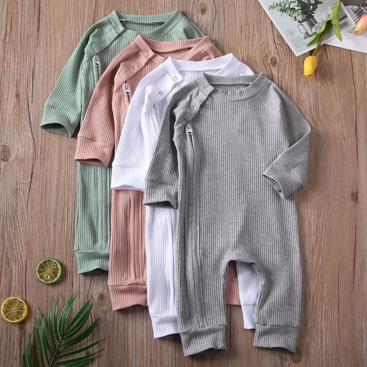 Infant Baby Girl Boy Solid Jumpsuit Long Sleeve Zipper Buttons Ribbed Jumpsuit Pure Cotton Jumpsuit Baby Round Neck Rompers