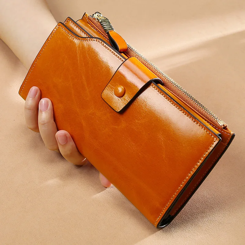First Layer Cowhide Women's Wallet Long Oil Wax Leather Mobile Phone Clutch Rfid Anti-theft Swiping Retro Purse Unisex Top Grade