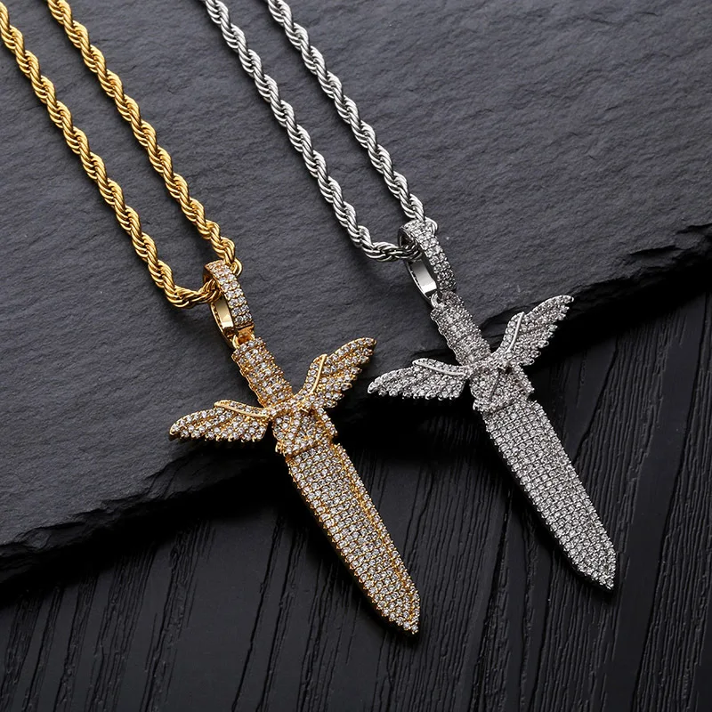 

Hip Hop Micro Paved AAA Cubic Zirconia Iced Out Bling 21 Savage Sword Pendants Necklace for Men Rapper Jewelry Gold Silver Color