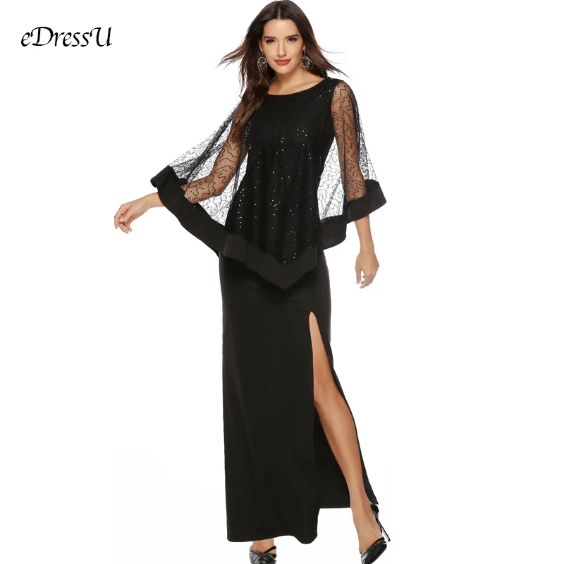 Glitter Cape Evening Dress Slit Sexy Women Long Dress Maxi Party Dress Elegant Vestido de Fiesta Robe Lady Dress YSM-5131